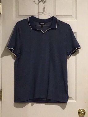 Express Men's Navy Polo Golf Shirt with White Trim Size Medium